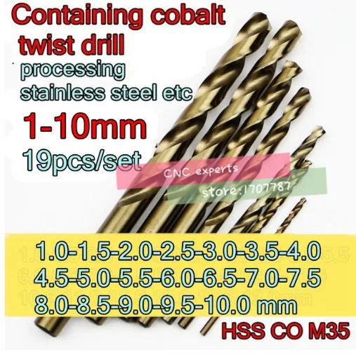 

1.0-10.0mm 19pcs/set HSS CO5% M35 Containing cobalt Twist drill Processing stainless steel etc. Free shipping