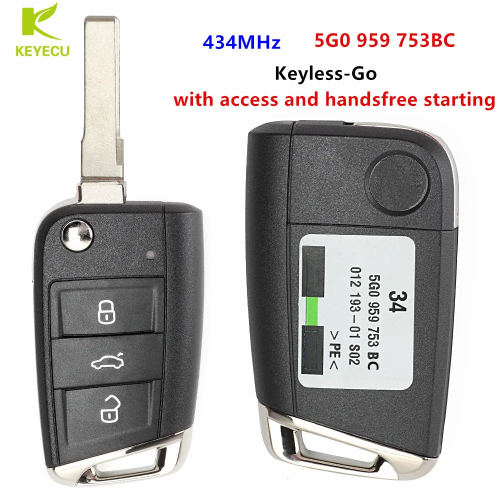 

KEYECU Original OEM 3Button Keyless-Go Flip Remote Key Fob 434MHz ID48 for Volkswagen MQB Golf VII MK7,for Skoda Octavia A7 2017