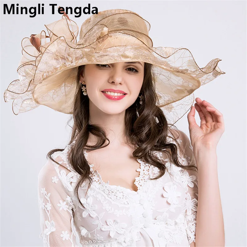 Mingli Tengda UV Protection Colorful Wedding Hat Big Flower Fashion Mesh Yarn Bridal Hat Big Feather Caps Chapeau Femme Mariage