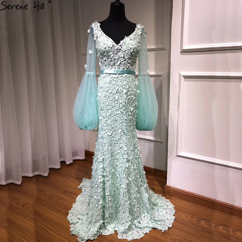 SERENE HILL 2024 Mint Long Latern  Mermaid    Evening Dresses  V-Neck  Flowers Pearls Formal Dress LA6514 Customized