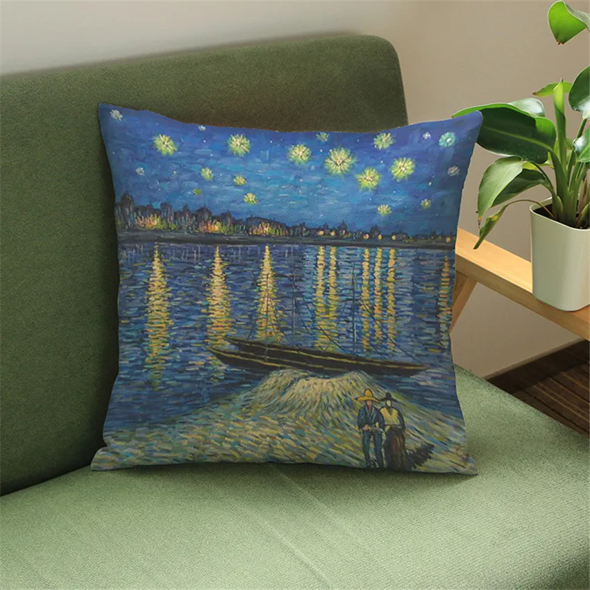 45X45cm Van Gogh Oil Painting Style Cushion Cover Linen Cotton Pillow Case para Sofá Car Chair Gift cojines Frete Grátis