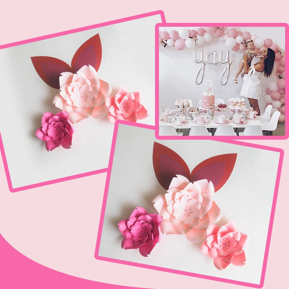 DIY Large Giant Paper Flowers Rose Fleurs Backdrops 3pcs + 2 Ears For Wedding Decorations Nursery Kids' Birthday Video