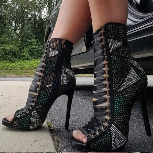 

Hot Sexy Woman Peep Toe Cross Lace Up Cuts Out Zipper Back Thin Heels Geometry Patchwork Diamond Crystal Short Boots Lady