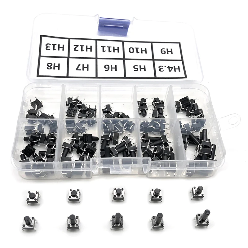 100pcs / 10 models 6*6 Light micro touch Switch sets Push Button Switch Kit , Height: 4.3MM - 13MM DIP 4Pin 6x6 Keys Tact ON/OFF