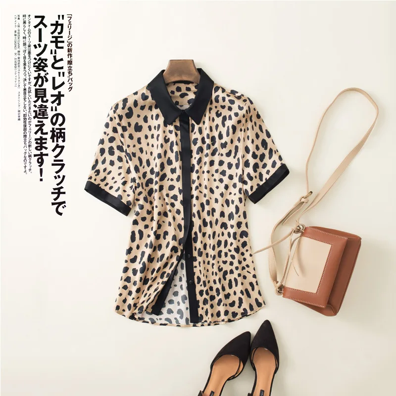 2019 sommer Neue Schwere Seide Leopard Print Bluse frauen Lose T-shirt 95% Seide 16 Mm 5% Spandex Gedruckt Shirts versteckte Tür Tasche