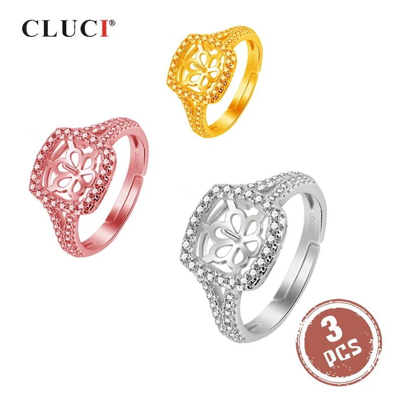 

CLUCI 3pcs Silver 925 Women Rings Zircon Square Pearl Ring Mounting 925 Sterling Silver Adjustable Wedding Rings SR2133SB