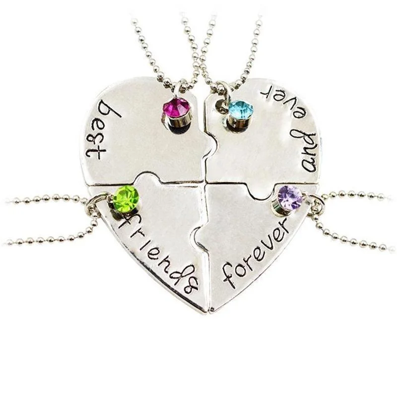 New Popular Jewelry four parts of the puzzle Heart shaped inlay rhinestones pendant Best Friends Forever and ever Necklace