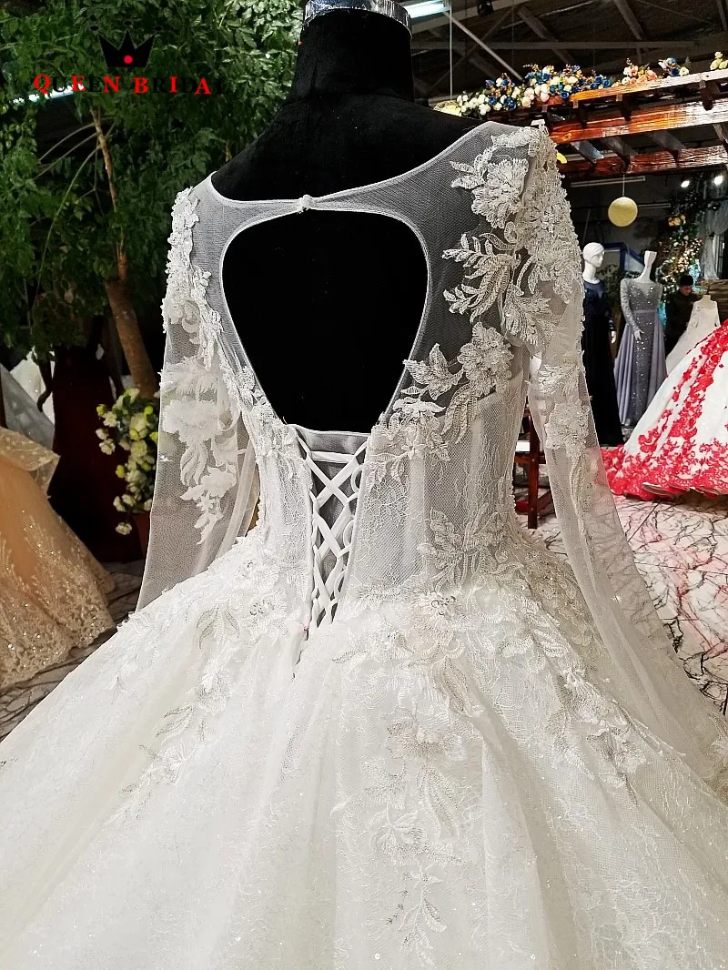 عينة حقيقية ثوب الكرة كم كامل يزين الدانتيل vestido de noiva الملكة الزفاف فساتين زفاف أنيقة رداء دي ماري WD111