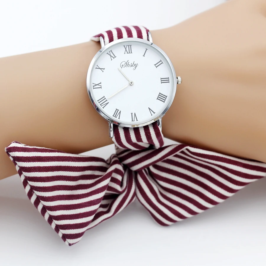 shsby brand new Ladies Concise stripe cloth wristwatch women dress watches high quality fabric watch sweet girls Bracelet watch