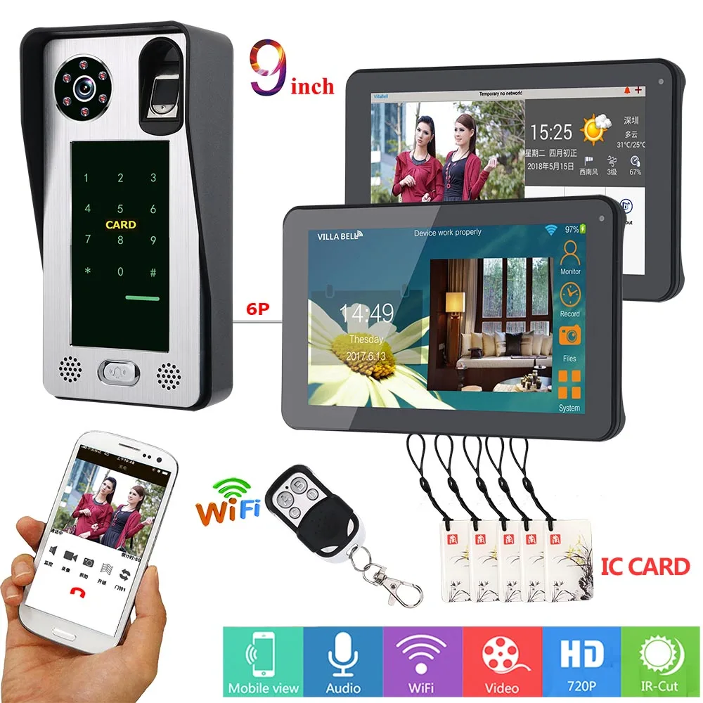 9 Inci WIFI/IC Kartu Kartu/Password/Akses Kontrol Sidik Jari 1V2 Video Door Phone