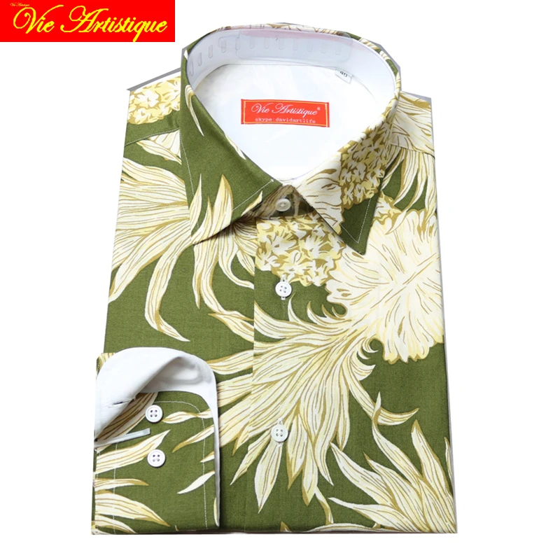 

custom tailor made Men's bespoke shirts business formal wedding ware bespoke blouse cotton army green printed pineapple floral