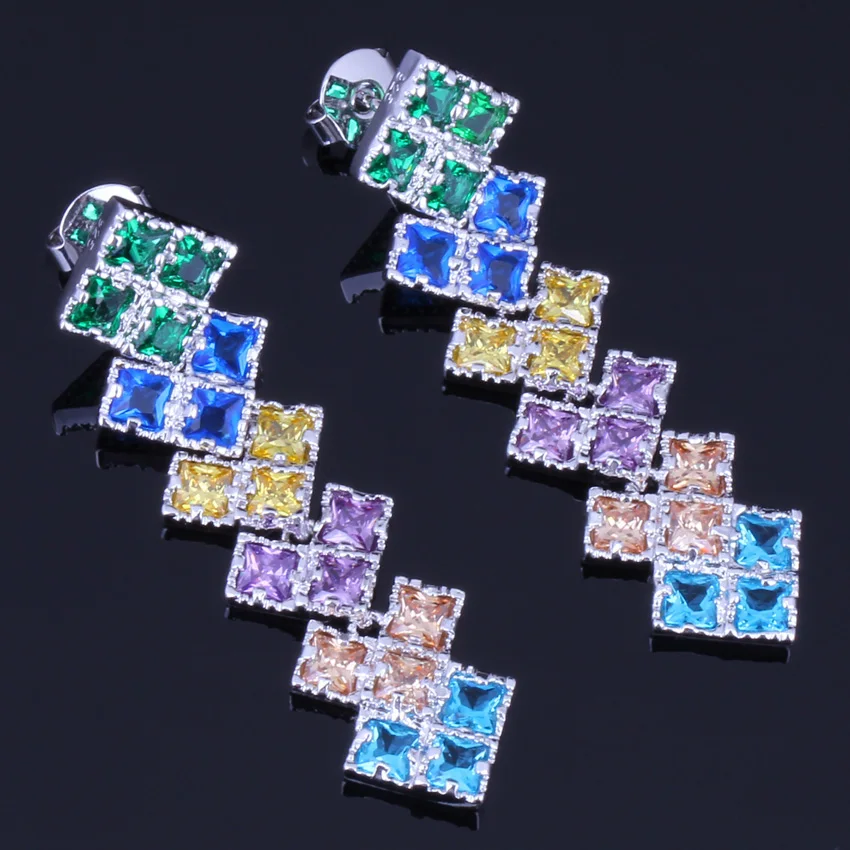 Exquisite Square Multigem Multicolor Brown Cubic Zirconia Silver Plated Drop Dangle Earrings V0199