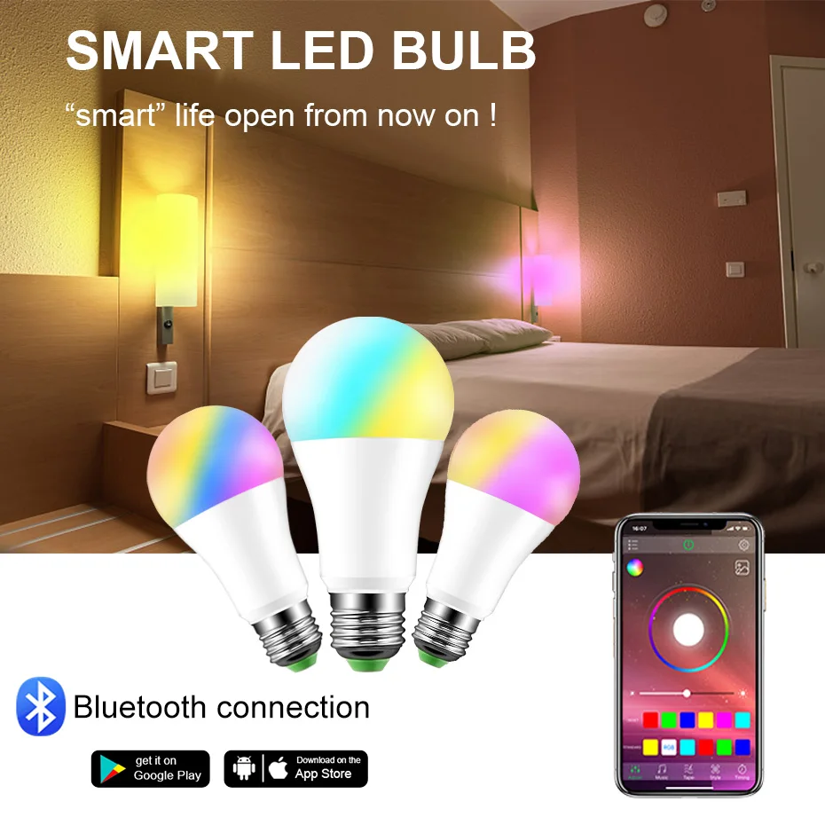 

New Wireless Bluetooth Smart Lighting Lamp 15W AC 110V 220V LED Magic RGBW Home RGB Light Bulb E27 B22 Color Change Dimmable