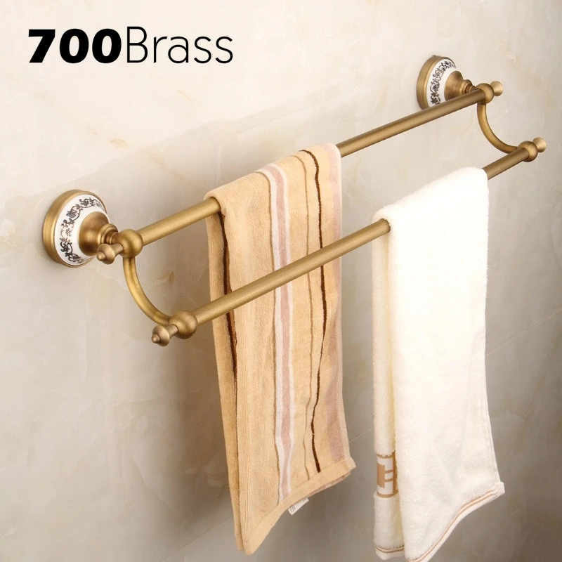 

European Style Brass Bathroom Double Towel Bars Antique Wall Mounted Towel Bar With Ceramic Base Bathroom Accessories