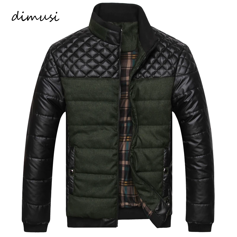 

DIMUSI Winter Men Parkas Fashion Mens Cotton Thick Padded Jackets Male Casual PU Patchwork Design Outerwear Coats Clothing YA745