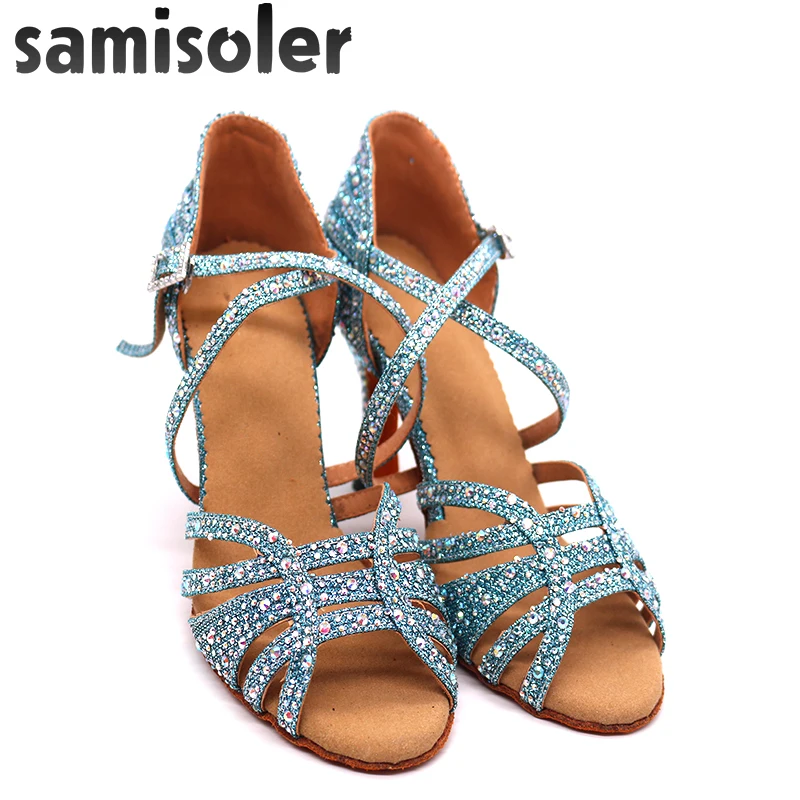 Samisoler  blue Rhinestone ballroom dance shoes women Salsa dance shoes women Professional tango Latin Shoes style high heels