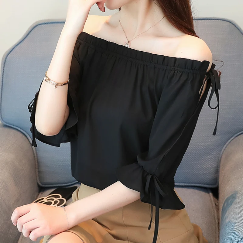 Blusas Mujer De Moda 2024Chiffon Blouse Women Summer Blouse Slash Neck Off Shoulder Top Womens Tops And Blouses B107