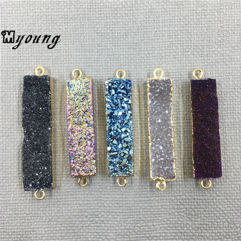 

Rectangle Nature Stone Agates Quartz Titanium Drusy Connector,Agates Druzy Charm Pendant For Jewelry Making MY1457