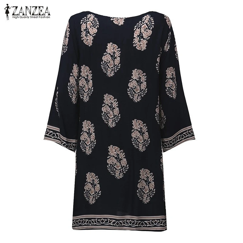 ZANZEA Women Sexy Mini Print Dress 2023 Elegant Retro 3/4 Sleeve Lace Up Long Tops Casual Loose Beach Dresses Vestidos