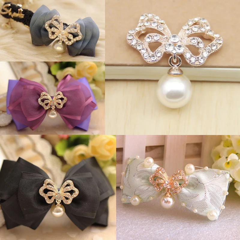 2015New 30Pcs Golden Bow Tassels Pearl Rhinestone Embellishment Button DIY Hair or Brooch Accessories ZJ232