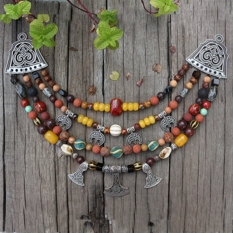 Viking Ethnic Jewelry, Moon, Natural Stones,Antique Onyx,Red Lava,Unique Ceramic Beads,Beautiful Ethnic Brooch Necklace,Handmade