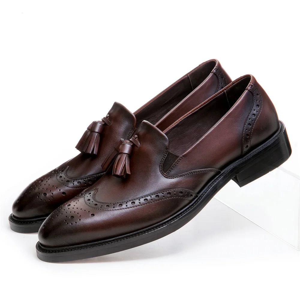 

Fashion Black / Brown Tan Loafers Dress Shoes Mens Wedding Shoes Genuine Leather Prom Shoes Male Groom Shoes With Tassel