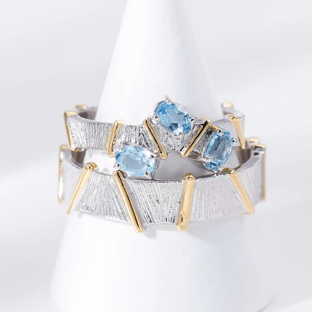 GEM\'S BALLET Natural Swiss Blue Topaz Cross Couple Rings 925 Sterling Silver Handmade Adjustable Open Ring For Women Engagement