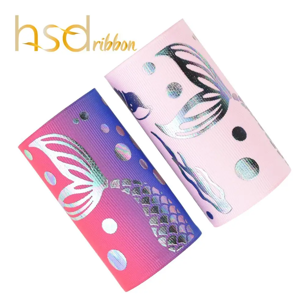 HSDRibbon 75mm 3 inch iridescence foil mermaid on HT and Pink Grosgrain Ribbon