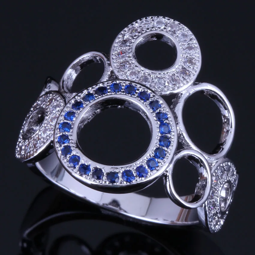 Superb Round Blue Cubic Zirconia White CZ Silver Plated Ring V0484