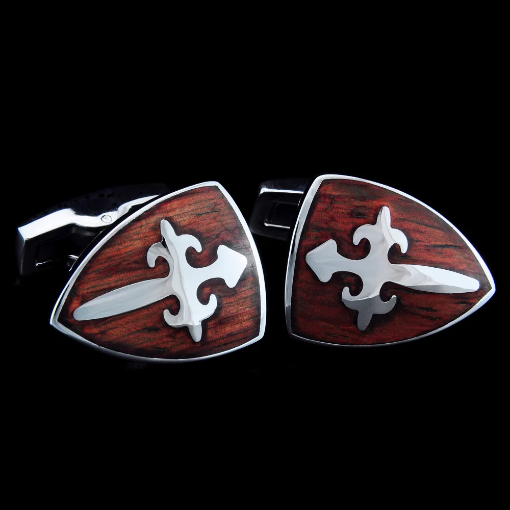 SPARTA Stainless steel + Mahogany Cuffliks Knight Shield men's Cuff Links + Free Shipping !!! metal buttons