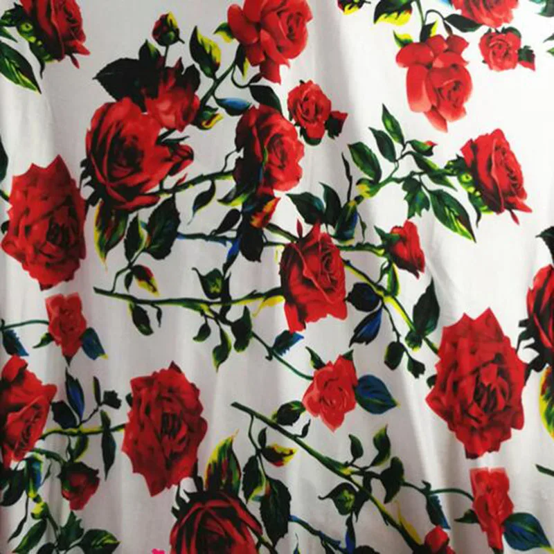 Good 4 Side Elastic Dance Fabric Cotton/Spandex knitted Fabric Red Rose Flower Print Fabric DIY Sewing Dress Clothing T-Shirt