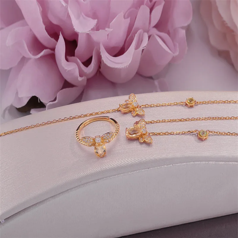 Fine Jewelry Sets For Women Solid 925 Silver Natural Bee Citrine Gemstone Bracelets Ring Necklace Pendants Jewelen CCV027-1