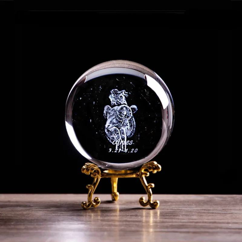 Crystal Constellation Ball 3D Laser Engraved Aries Statuettes Sphere Angel Glass Figurines Ball Home Office Decoration Accessory