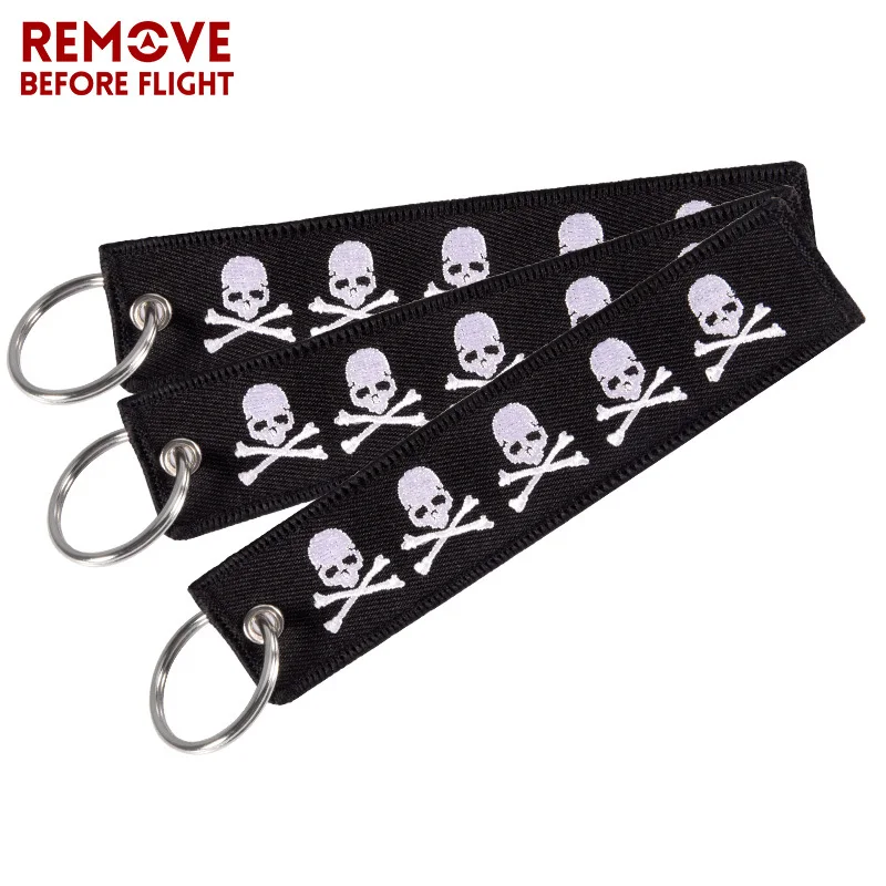 

REMOVE BEFORE FLIGHT Car Keychain Embroidery Dangerous Skull Motorcycles Key Fobs Bijoux For Aviation Gifts Tag Luggage 3 PCS