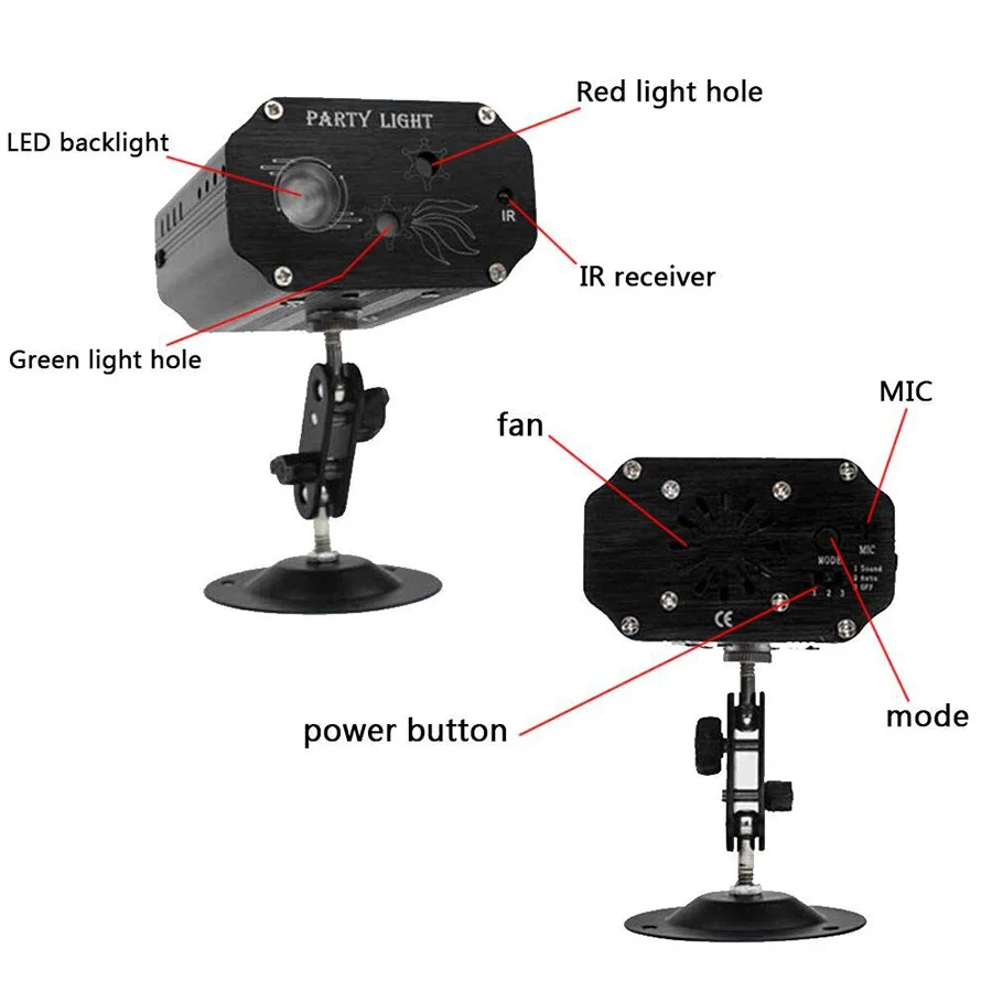 LED Club Disco DJ Party Light Red Green Laser Projector Lights with 16 Patterns Sound Control LED Xmas stage Projector Light