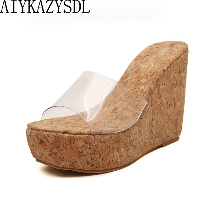 AIYKAZYSDL Sexy Summer Women Clear Transparent Platform Wedges Sandals Ultra High Heels Wooded Mule Silde Shoes Outdoor Creepers