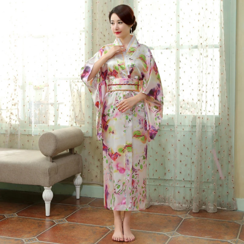 Brand  New Arrival Kimono With ObiJapanese Style Lady Kimono Sexy Women Yukata Vintage Evening Party Dress One Size