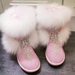 New Woman Bling Rhinestone Embellished Fox Fur  Snow Boots Winter Flat Warm Plush Sweet Crystal Handmade Ankle Boots Shoes