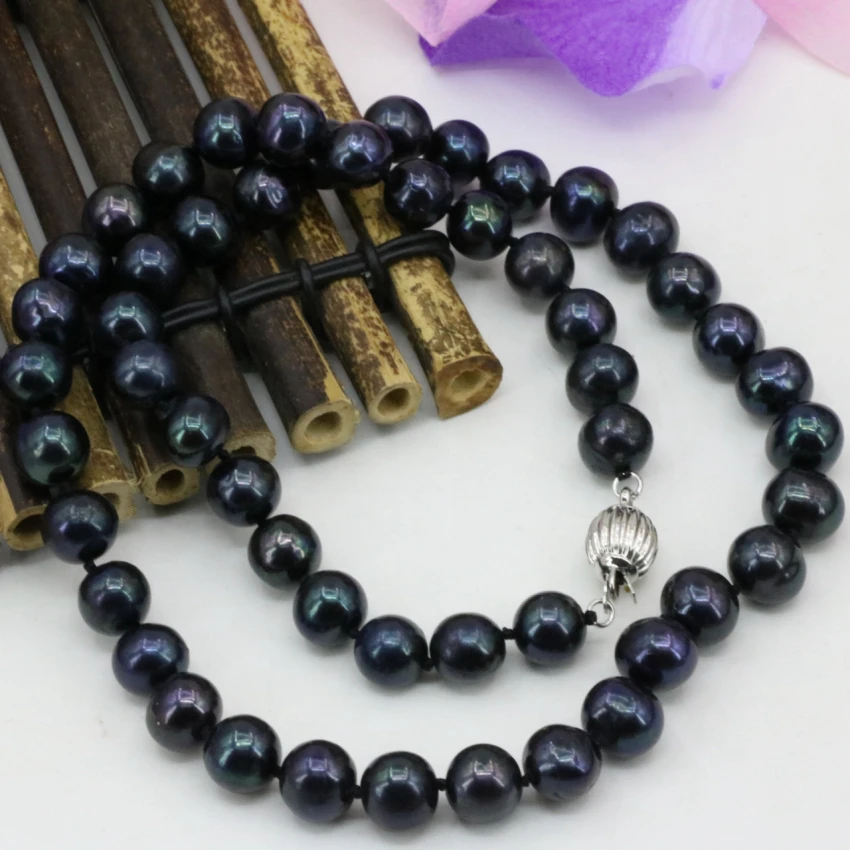 New fashion natural 9-10mm black freshwater cultured pearl nearround beads necklace for women chain choker jewelry 18inch B3223