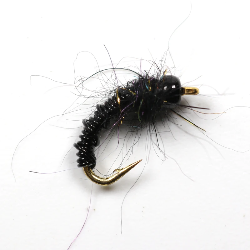 Bimoo 12pcs Deep Brassie Black Red Gold Midges / Chironomids Buzzers Bead Head Nymphs Flies Salmon Trout Fly Fishing Lures