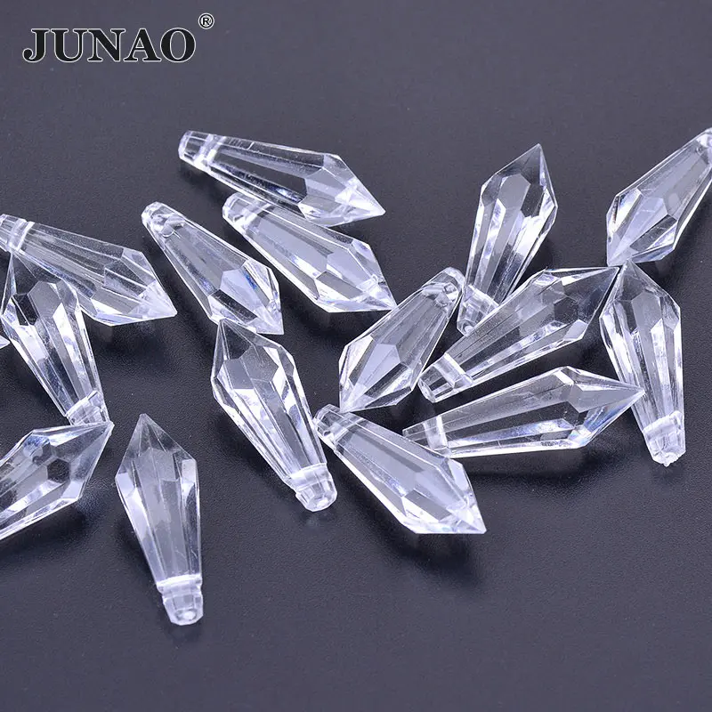 JUNAO 10x30mm Clear Crystal Pendant Acrylic Rhinestones Icicle Hanging Fancy Gems Finding for Clothes Bags Home Decoration