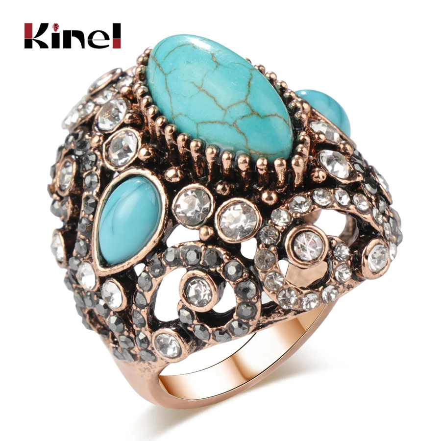 

Kinel Luxury Big Antique Rings For Women Fashion Dubai Gold Blue Stone Vintage Wedding Engagement Crystal Rings Jewelry 2018 New