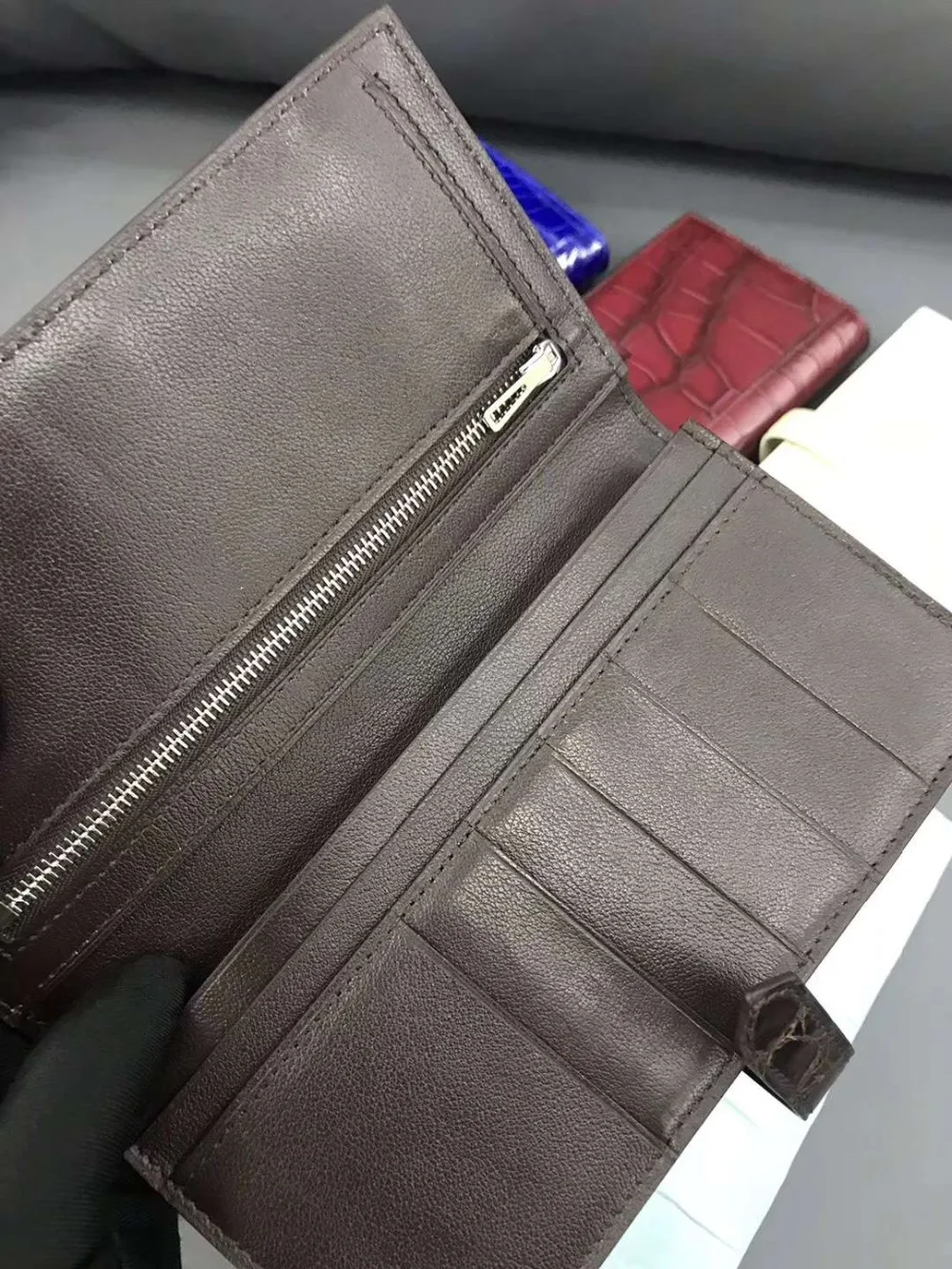 100% REAL genuine crocodile leather skin men wallet long size matt colors with cow skin lining bank card cash license holder
