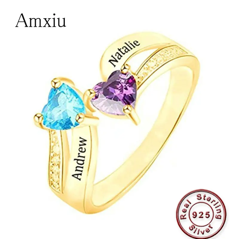 Amxiu Custom 925 Silver Wedding Rings Engrave Two Names with Heart Birthstones Rings For Women Lovers Party Gift Zircon Jewelry