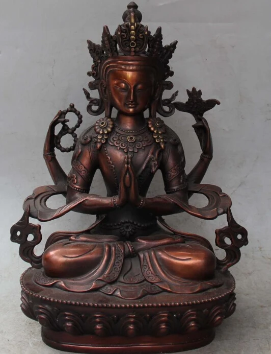 

8" 11'' 12" Chinese Bronze 4 Hands 4 Arms Chenrezig Avalokiteshvara Buddha Statue 30cm/28cm/21cm