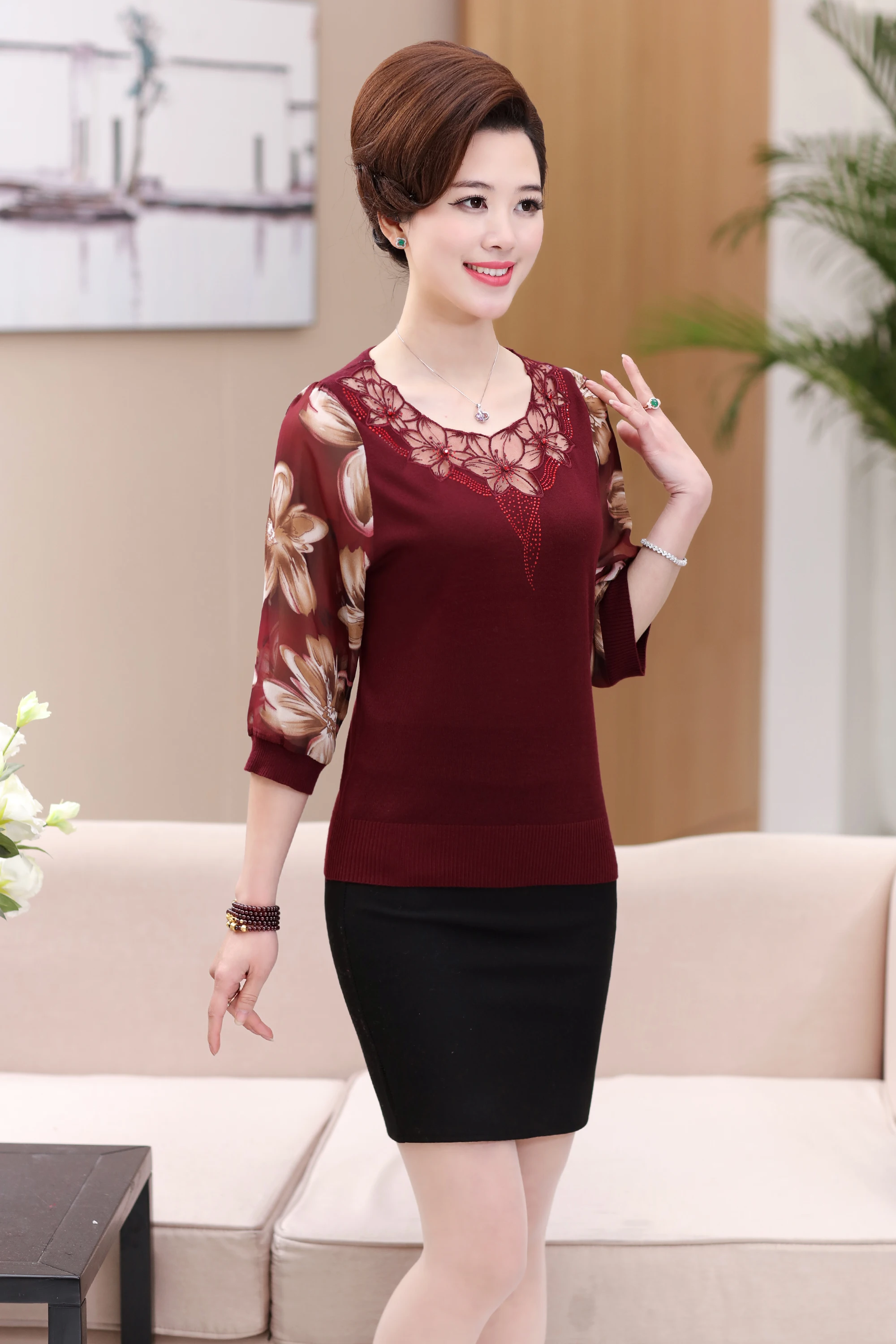 Spring Women Knit Hollow Lace Blouse Chiffon Floral Printed  Sleeve Tops Thin Blouse Shirt