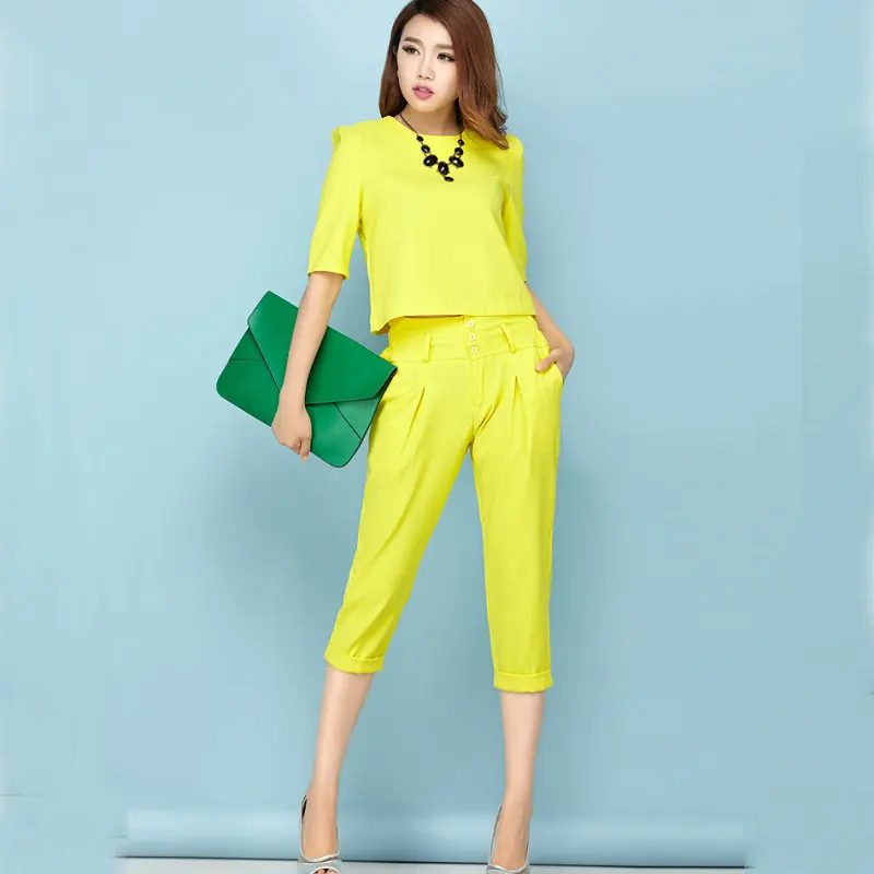 Work Fashion Pant Suits 2 Piece Sets Short Solid Pullover Breasted Top & Calf-Length Pant Office Lady Suit Women Outfits 2018