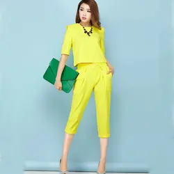 Work Fashion Pant Suits 2 Piece Sets Short Solid Pullover Breasted Top & Calf-Length Pant Office Lady Suit Women Outfits 2018