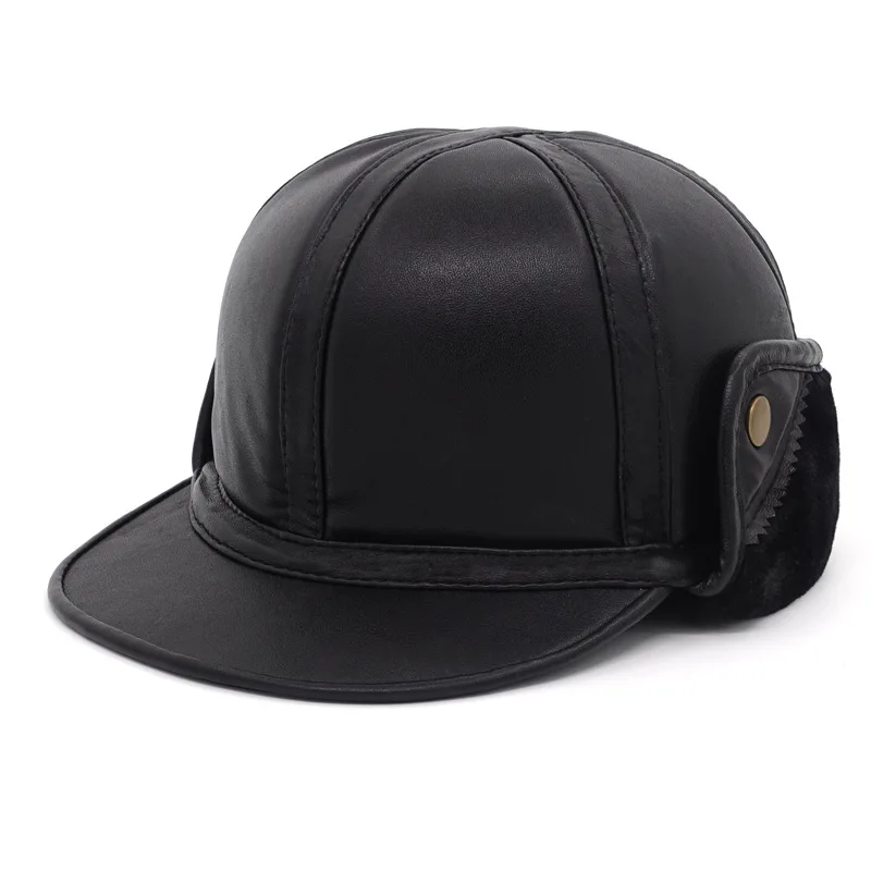 

Men's Bomber Hats Male Leather Leifeng Cap Adult Ear Protection Warm Leifeng Hat Male Winter Peaked Cap New Year Gift B-139