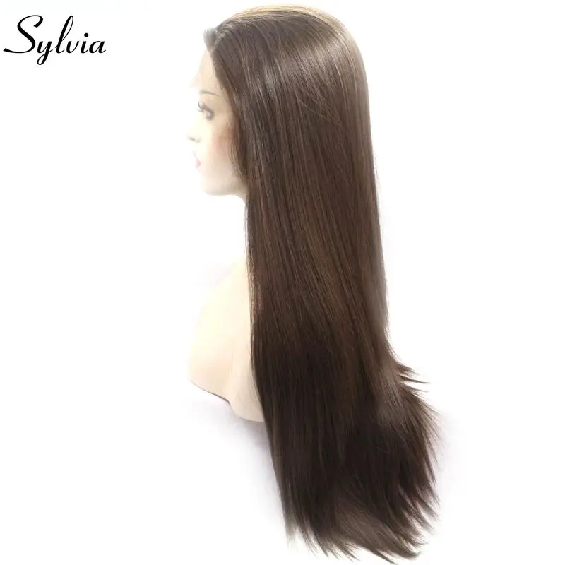 Sylvia Long Silky Straight Wigs Brown Synthetic Lace Front Wig Heat Resistant Fiber Hair Side Part For Women